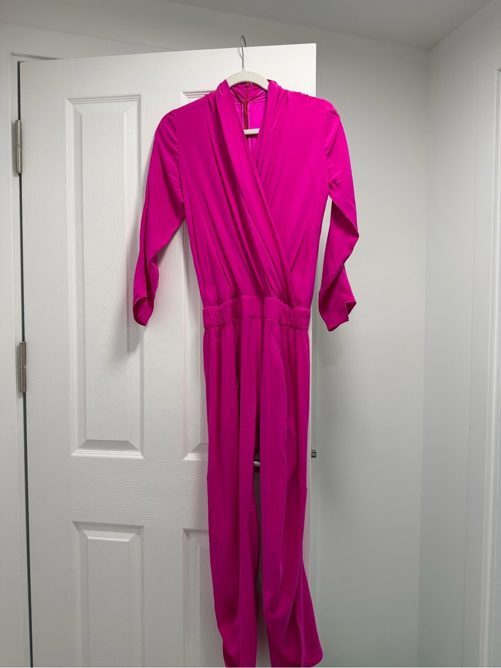 Fuchsia Draped V-Neck Jumpsuit with Elastic Waist